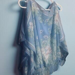Max Studio Blue Floral Handerchief Blouse Split Sleeves Size M NWT